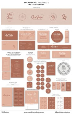 an assortment of wedding stationery and envelopes in peach, brown and white colors