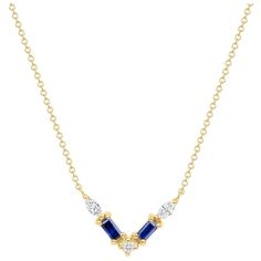 Crafted in 14K gold, this necklace features a thoughtfully arranged collection of blue sapphires and diamond pavé, elegantly set along a V-shaped plane. Crafted in 14K yellow gold, it exudes delicacy and emotion, showcasing a captivating color palette. Ideal for layering or making a statement on its own. Key Points: Gold Weight: 2.3 gr Diamond Weight: 0.18 ct Blue Sapphire: 0.28 ct Available in 14K white, yellow, and rose gold This Item was designed, made, and stamped in Los Angeles. Baguette Pendant, American Modern, Pave Diamonds, V Shape, Blue Sapphire, Jewelry Necklace Pendant, Color Palette, Sapphire, Jewelry Necklaces