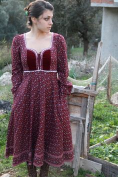 1970s Gunne Sax Burgundy Corset, 1980’s Fashion, Calico Dress, Dolly Kei, Ragamuffin