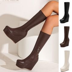 ad eBay - Find many great new & used options and get the best deals for Women Stretchy Mid Calf Boots High Wedge Heels Platform Shoes Side Zipper Boots at the best online prices at eBay! Free shipping for many products! Wedges Boots, Outfit Boards, Oc Aesthetic, Wedge Heel Boots, Heels Platform, High Wedges, Boots High, Zipper Boots, Calf Boots