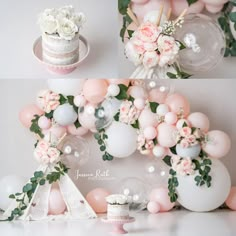 balloons, flowers and cake are arranged on the table