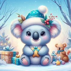 a cute little koala bear wearing a santa hat and holding a star in its paws