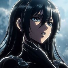 an anime character with long black hair and blue eyes looking at the camera while standing in front of clouds