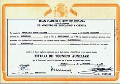 an orange and white certificate with black writing on it's front cover, which reads juan carres i ne de sebasa el ministere de educacion y ciencia