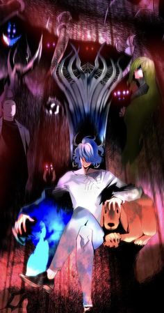 a man sitting on top of a chair in front of two demonic looking monsters behind him