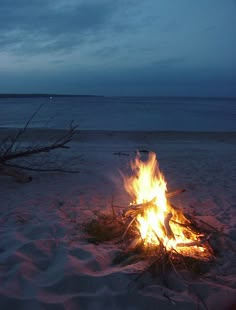 a campfire is lit on the beach at night with water in the background and clouds in the sky