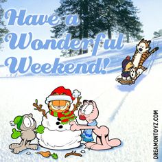 there is a snowman and other animals in the snow with words have a wonderful weekend