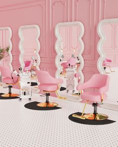 a room with pink chairs and mirrors in it