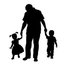 an adult holding the hand of two children while standing next to each other in silhouette