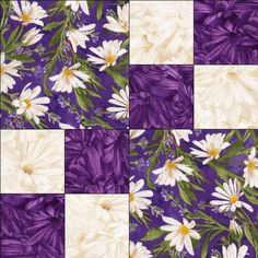 a purple and white checkered pattern with daisies