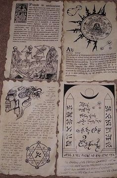 four old manuscripts with different designs and symbols on them, all in black ink