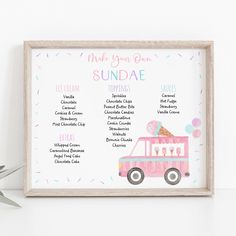 a pink ice cream truck menu on a white wall