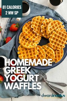 homemade greek yogurt waffles on a plate with strawberries