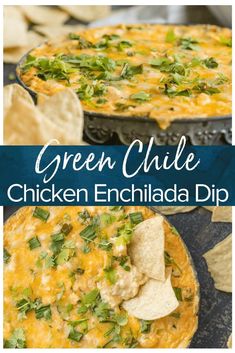 green chile chicken enchilada dip with tortilla chips on the side