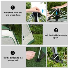 the instructions for how to set up a tent in the grass with poles and straps