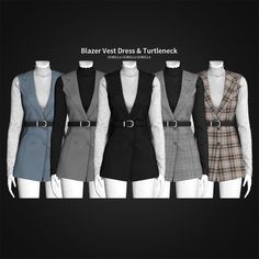 four different types of vests and dresses on mannequins in front of a black background