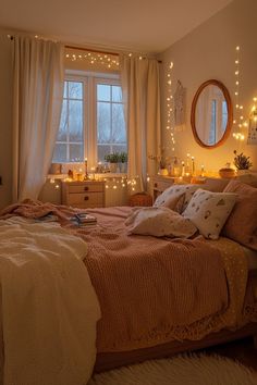 a bed room with a neatly made bed and lots of lights