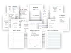 a bunch of white papers with numbers and lines on the bottom, including one for each page