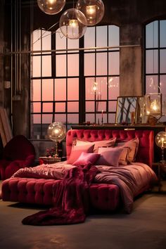 A large industrial bedroom with a radiant ruby and champagne color scheme, featuring raw furniture, a wrought iron bed with a plush blanket, urban art, and exposed bulb lighting, creating a passionate and romantic atmosphere. Baddie Aesthetic Bedroom Ideas, Baddie Room Decor, Zen Bedroom Decor, Raw Furniture, Wrought Iron Bed