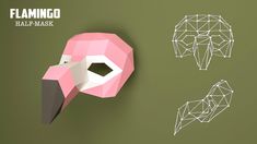 an origami flamingo mask is shown on a green background with geometric shapes