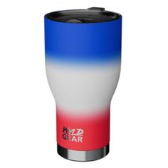 a red, white and blue travel mug with the word wd gear on it