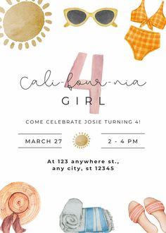 California Birthday Party Ideas, Cali-four-nia Girl Birthday, No Theme Birthday Party, 4th Birthday Theme, California Birthday, Beach Theme Birthday Party, Beach Theme Birthday, 4th Birthday Party, Girls Birthday Party Themes