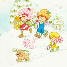 children are playing in the snow with presents