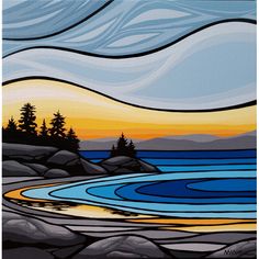 a painting of a sunset over the ocean