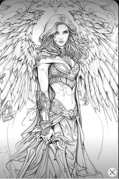 a drawing of an angel with wings on her chest and arms, standing in front of a