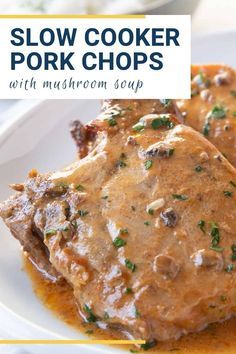 slow cooker pork chops with mushroom gravy on a white platter