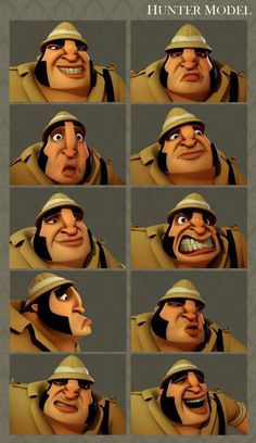 an animated character with multiple expressions and facial expressions, including the head and shoulders of a man