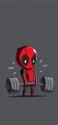 deadpool character holding a barbell in his hand