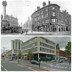 an old and new photo of the same building in the past, with different buildings on both sides