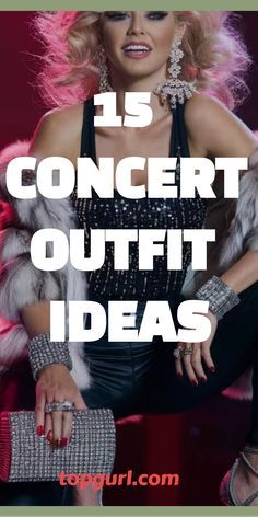 a woman sitting on top of a chair with her hand in her pocket and the words 15 concert outfit ideas