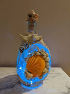 an orange shell in a blue glass bottle on a marble counter top with shells around it