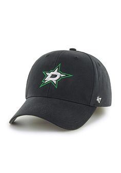 a black hat with green and white stars on the front, one side is shown