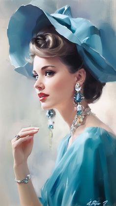 a painting of a woman in a blue dress and hat with jewelry on her finger