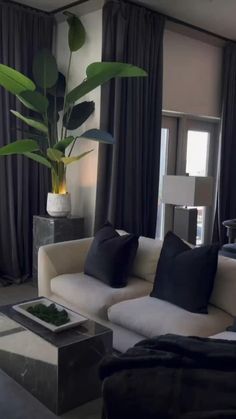 a living room with black and white decor