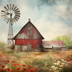 an old red barn with a windmill on the side and wildflowers in front