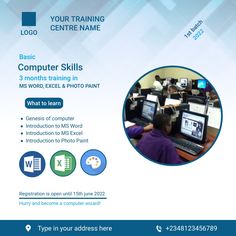 an advertisement for computer skills and training