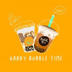 two bubble teas sitting next to each other on top of a yellow background with the words happy bubble time