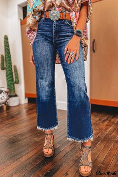 Olivia Mark - Flared Denim Pants with Mineral Wash Finish and Unfinished Hem Cotton Blossom, Flare Denim Jeans, Chic Blouses, Jeans Button, Fashion Designs, Waist Jeans, Denim Flares, Flared Jeans, Blue Denim Jeans