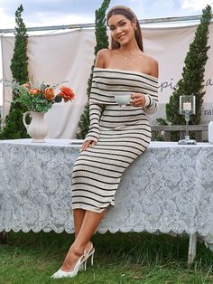 Shop Off Shoulder Contrast Knitted Bodycon Dress now at Partheafashion. You can also choose more fashion style. Summer Off-shoulder Bodycon Maxi Dress, Spring Bodycon Off-shoulder Midi Dress, Stretch Elastane Off-shoulder Bodycon Dress, Bodycon Off-shoulder Sweater Dress, Autumn Wear, Knitted Bodycon Dress, Dresses Backless, Bodycon Midi, Halterneck Dress