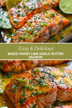 baked honey - lime garlic butter salmon with lemons and herbs