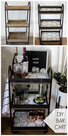 the diy bar cart is made with metal and wood