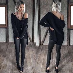 Off The Shoulder Jumper, Look Grunge, 90's Fashion, Hipster Outfits, Looks Black, Black Women Fashion, Casual Stripes, Edgy Outfits