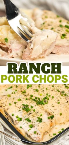 two pictures with the words ranch pork chops on them and an image of a fork