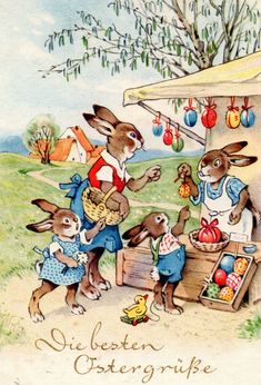 an easter card with three rabbits in front of a cart full of eggs and bunnies