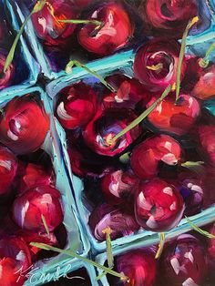 an oil painting of cherries in blue baskets