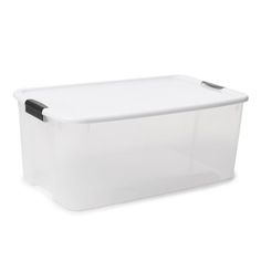 a white storage box with black handles